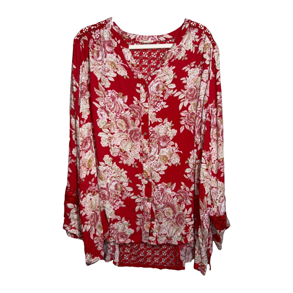 ODDI 2XL Red Floral Boho Tunic Top Crochet Lace Back High Low Plus Size
